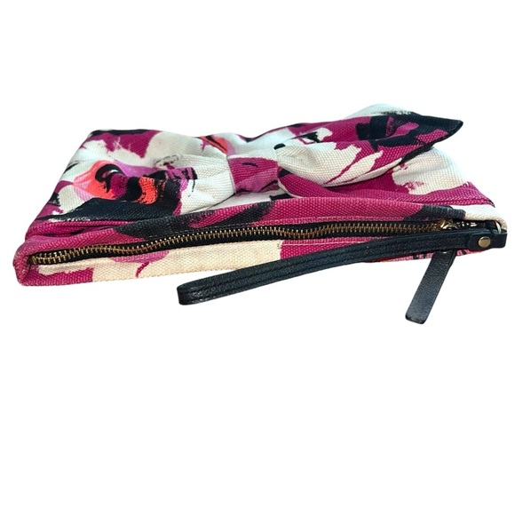 Kate Spade canvas floral bow clutch leather handle zipper closure wristlet - Picture 6 of 11
